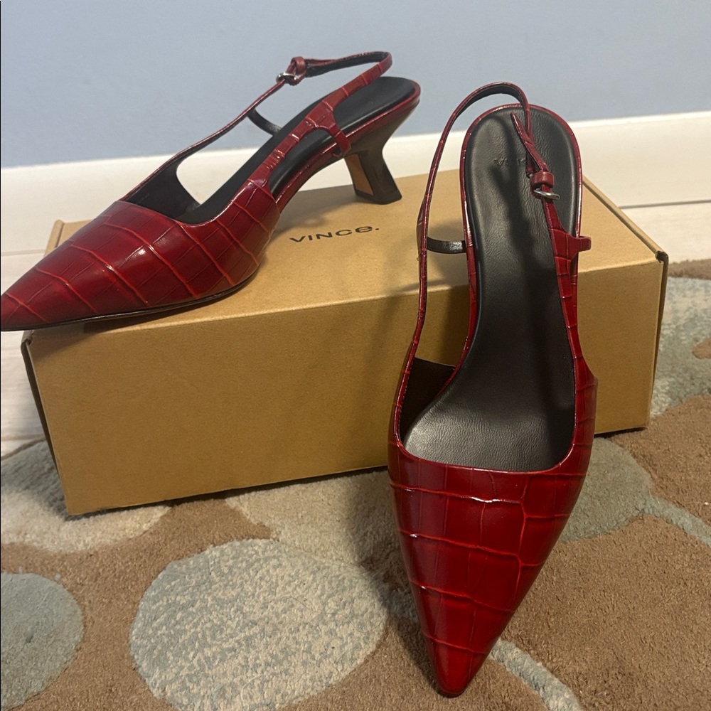 Vince Bianca Red Current Croc-Embossed Slingback Heels